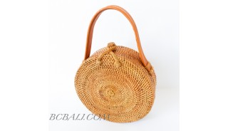 rattan hand woven ata grass lining full handmade circle short handle leather 